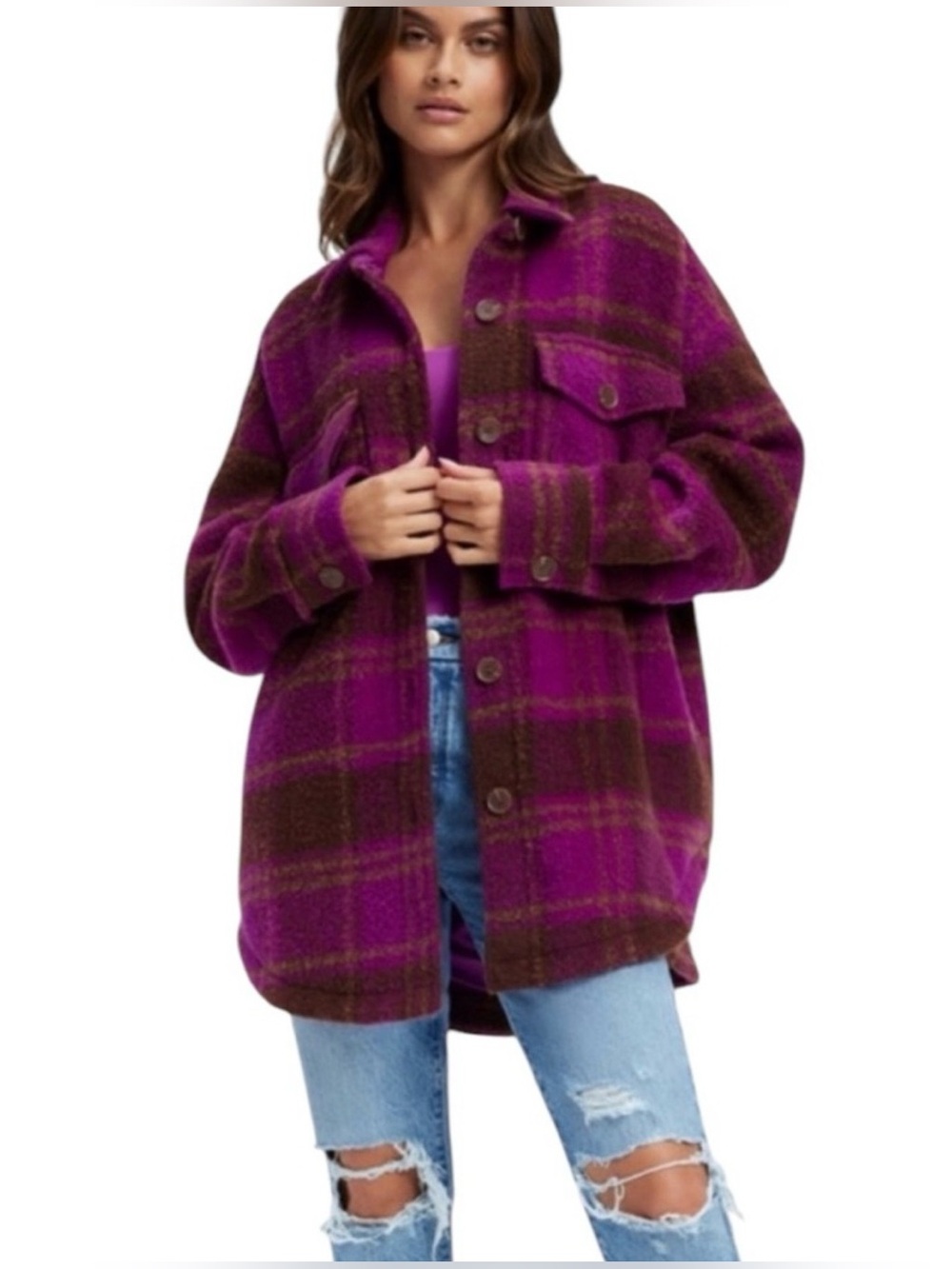 Good American Pop Thistle Large Plaid Purple Shacket Jacket 1/2 Small/Medium